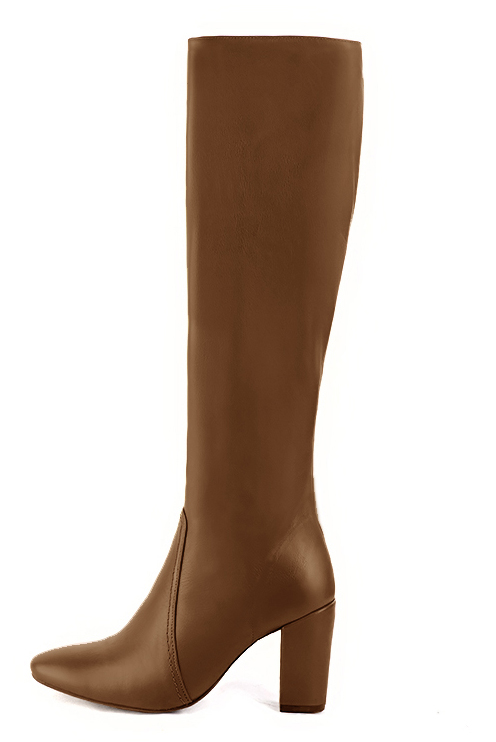 Caramel brown women's feminine knee-high boots. Round toe. High block heels. Made to measure. Profile view - Florence KOOIJMAN